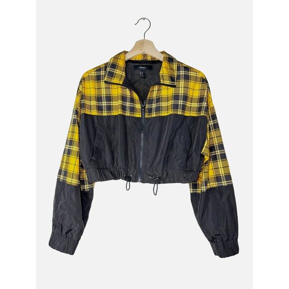 Forever 21 Black and Yellow Plaid Cropped Bomber Jacket Size Medium - Picture 2 of 9